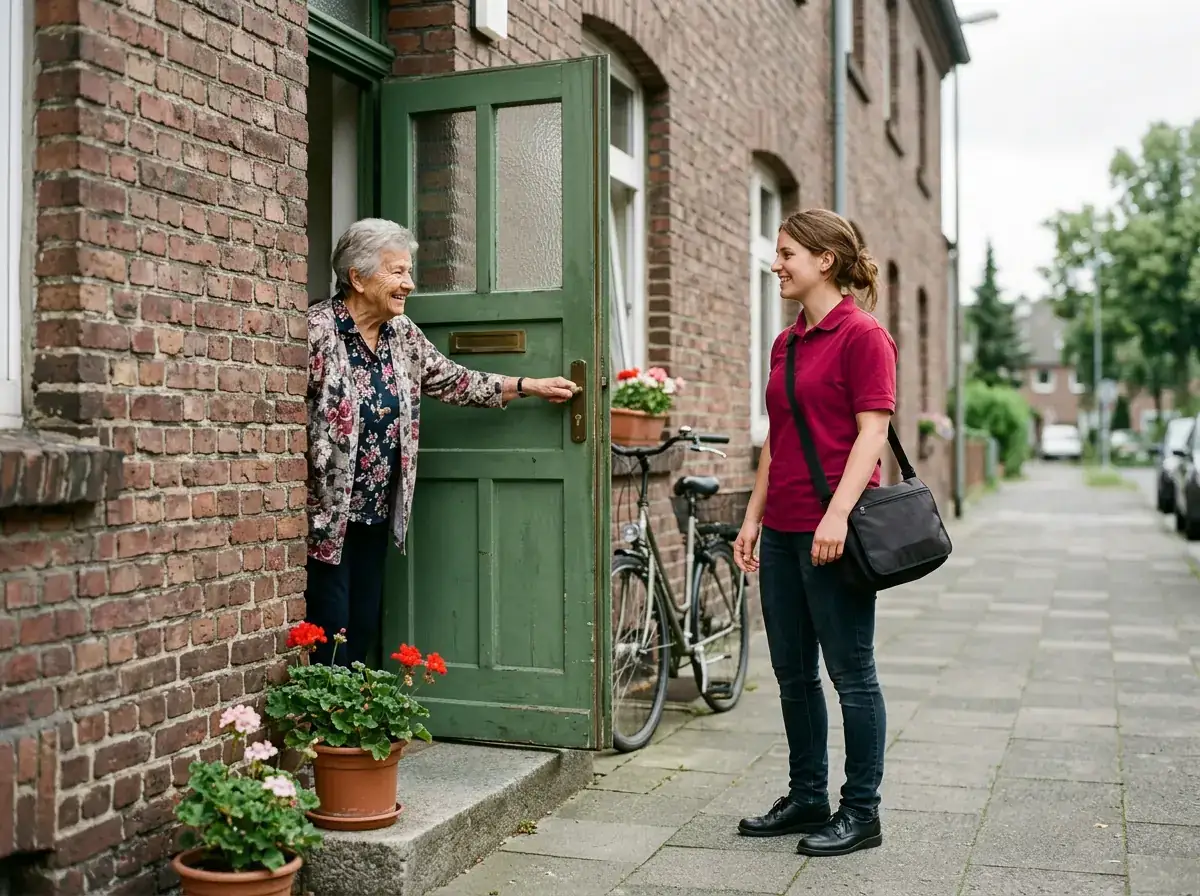 Alltagshelferin wird an der Haustür von einer älteren Dame begrüßt