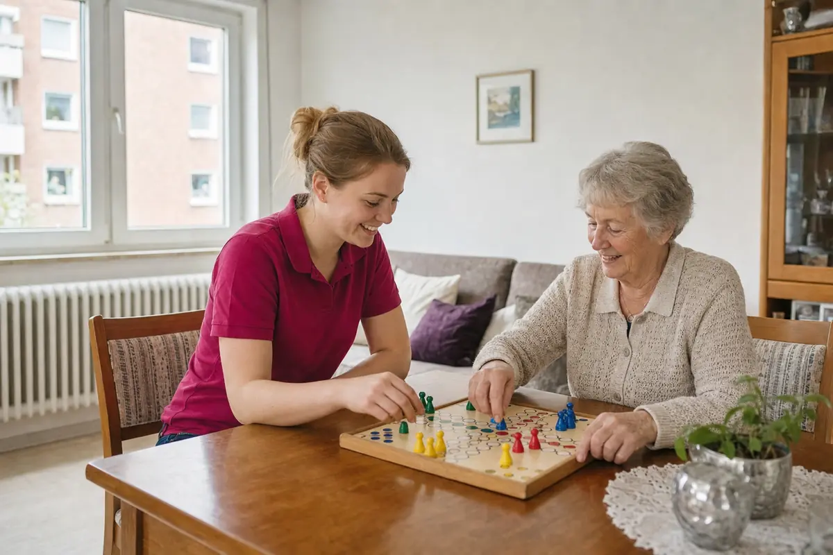 Alltagsbegleiterin und ältere Dame spielen am Wohnzimmertisch ein Brettspiel