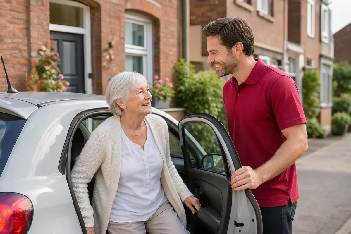 Begleiterin hilft einer älteren Dame beim Einsteigen ins Auto
