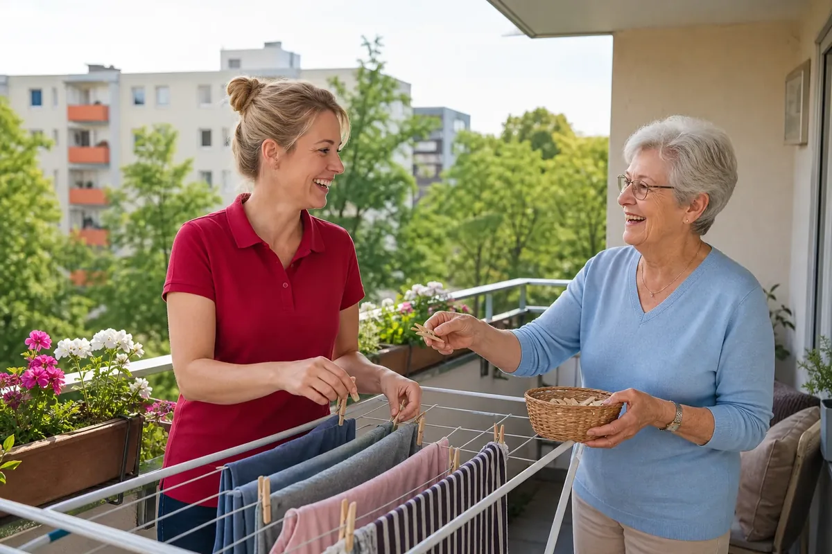 Haushaltshilfe hängt mit einer älteren Dame Wäsche auf dem Balkon auf