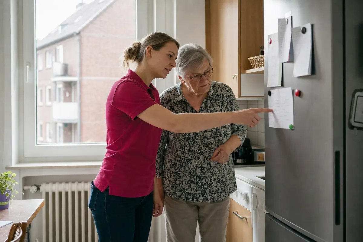 Betreuerin und ältere Dame schauen gemeinsam auf den Wochenplan am Kühlschrank
