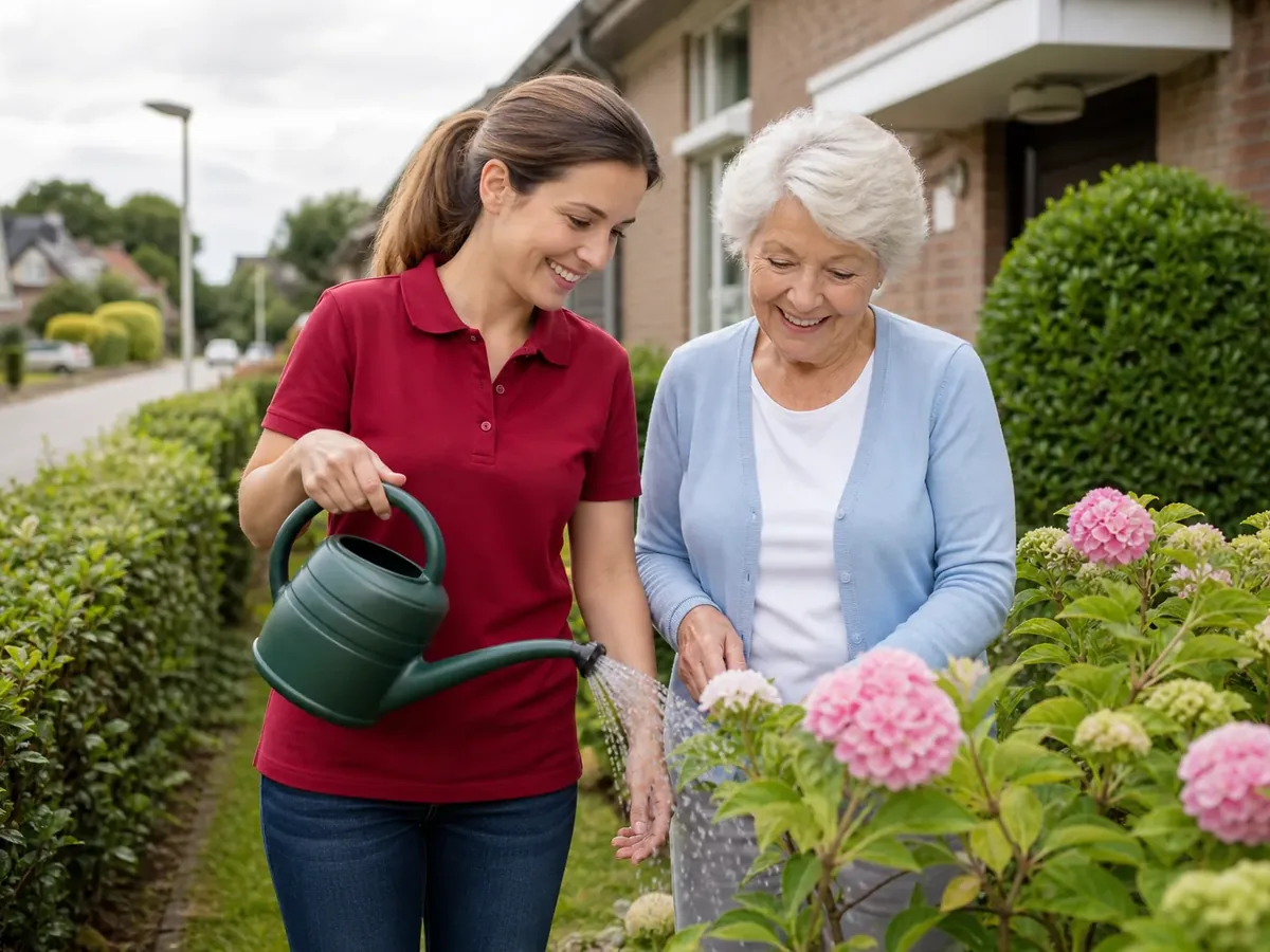 Betreuerin und ältere Dame gießen gemeinsam Blumen im Vorgarten