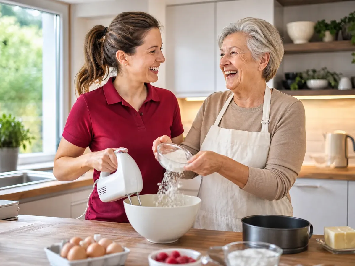 Alltagsbegleiterin und ältere Dame backen gemeinsam einen Kuchen