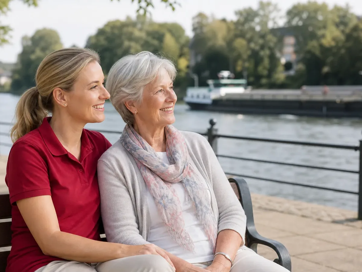 Betreuerin und ältere Dame sitzen auf einer Bank an der Rheinpromenade und schauen einem Schiff nach