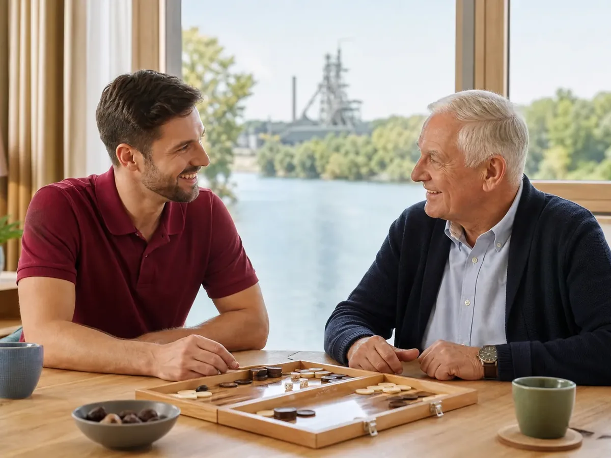 Ein Alltagsbegleiter und ein älterer Herr spielen am Fenster ein Brettspiel