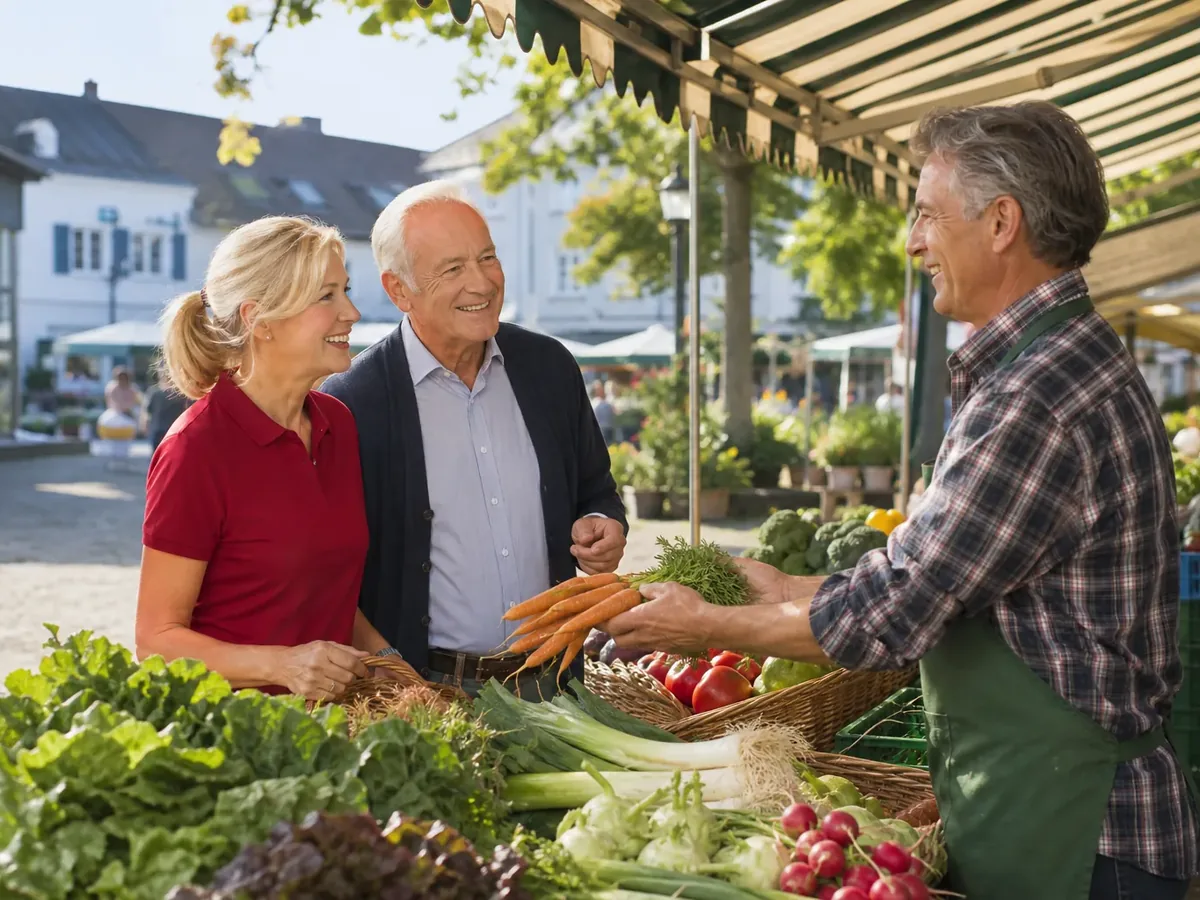 Betreuerin und älterer Herr kaufen gemeinsam Gemüse auf dem Wochenmarkt