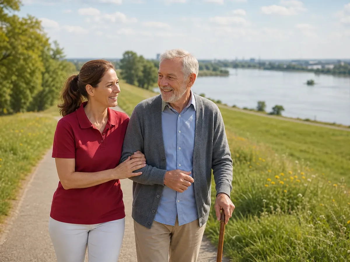 Eine Betreuerin und ein älterer Herr spazieren auf einem Deichweg am Rhein