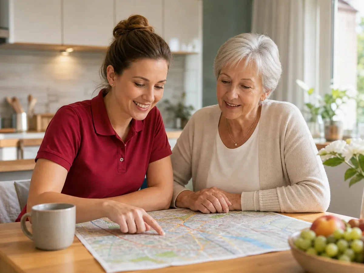 Betreuerin und ältere Dame planen mit einem Stadtplan die Termine der Woche