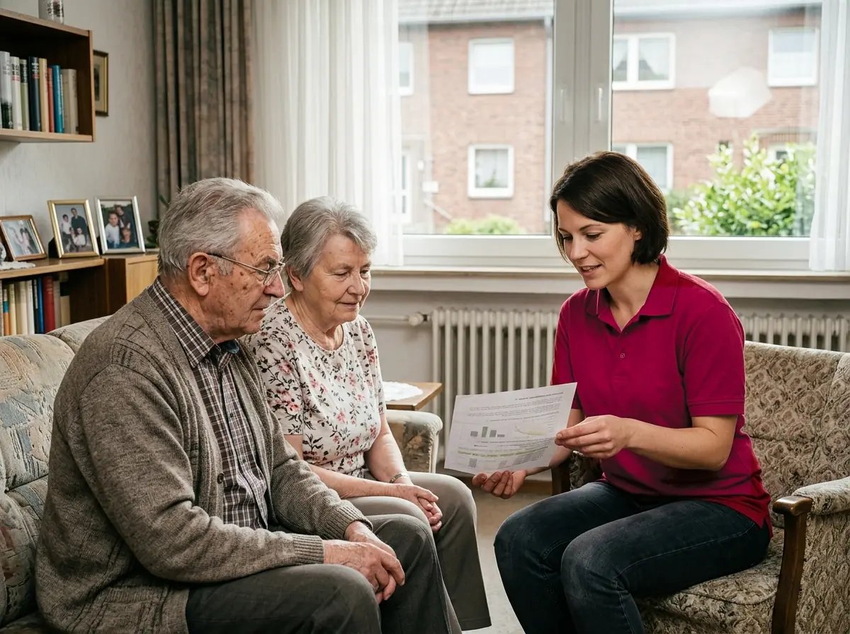 Ein älteres Ehepaar lässt sich im Wohnzimmer die Leistungen der Pflegekasse erklären