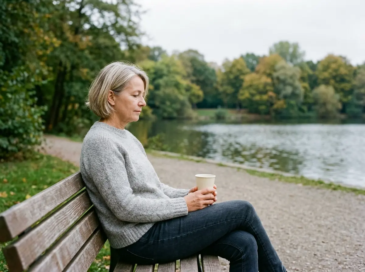 Eine pflegende Angehörige genießt eine ruhige Stunde auf einer Parkbank am See