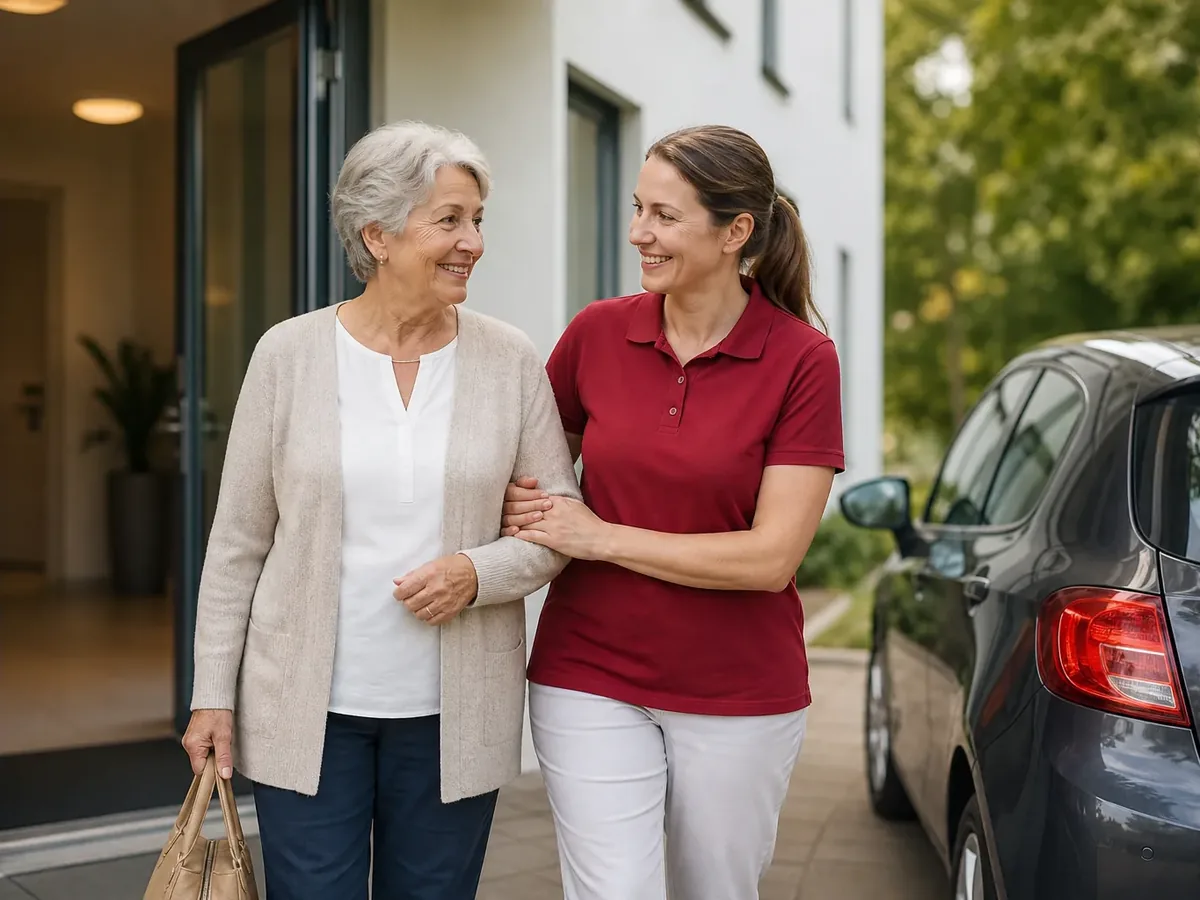Eine Begleiterin reicht einer älteren Dame vor dem Haus den Arm auf dem Weg zum Auto