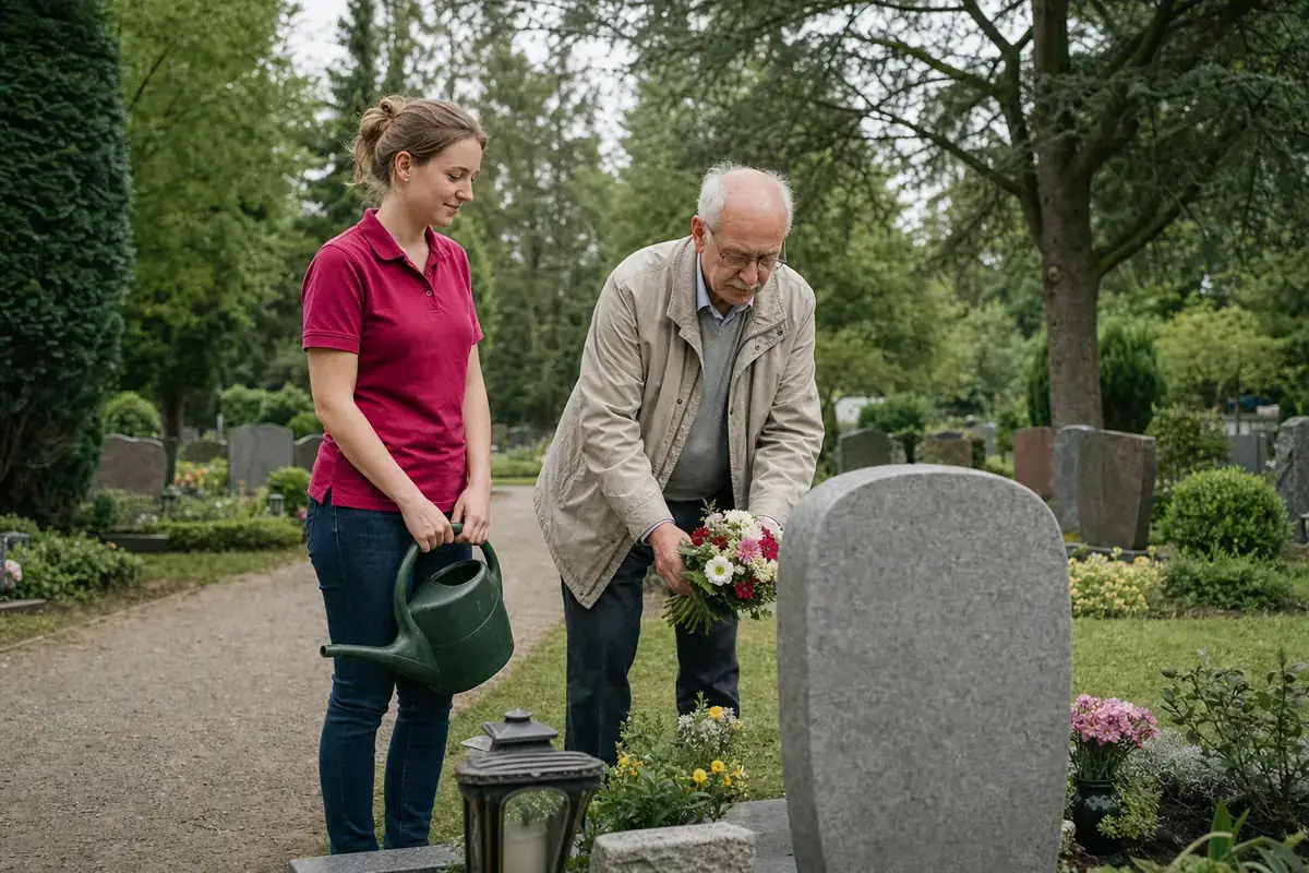Ein älterer Herr legt Blumen an einem Grab ab, seine Begleiterin steht an seiner Seite