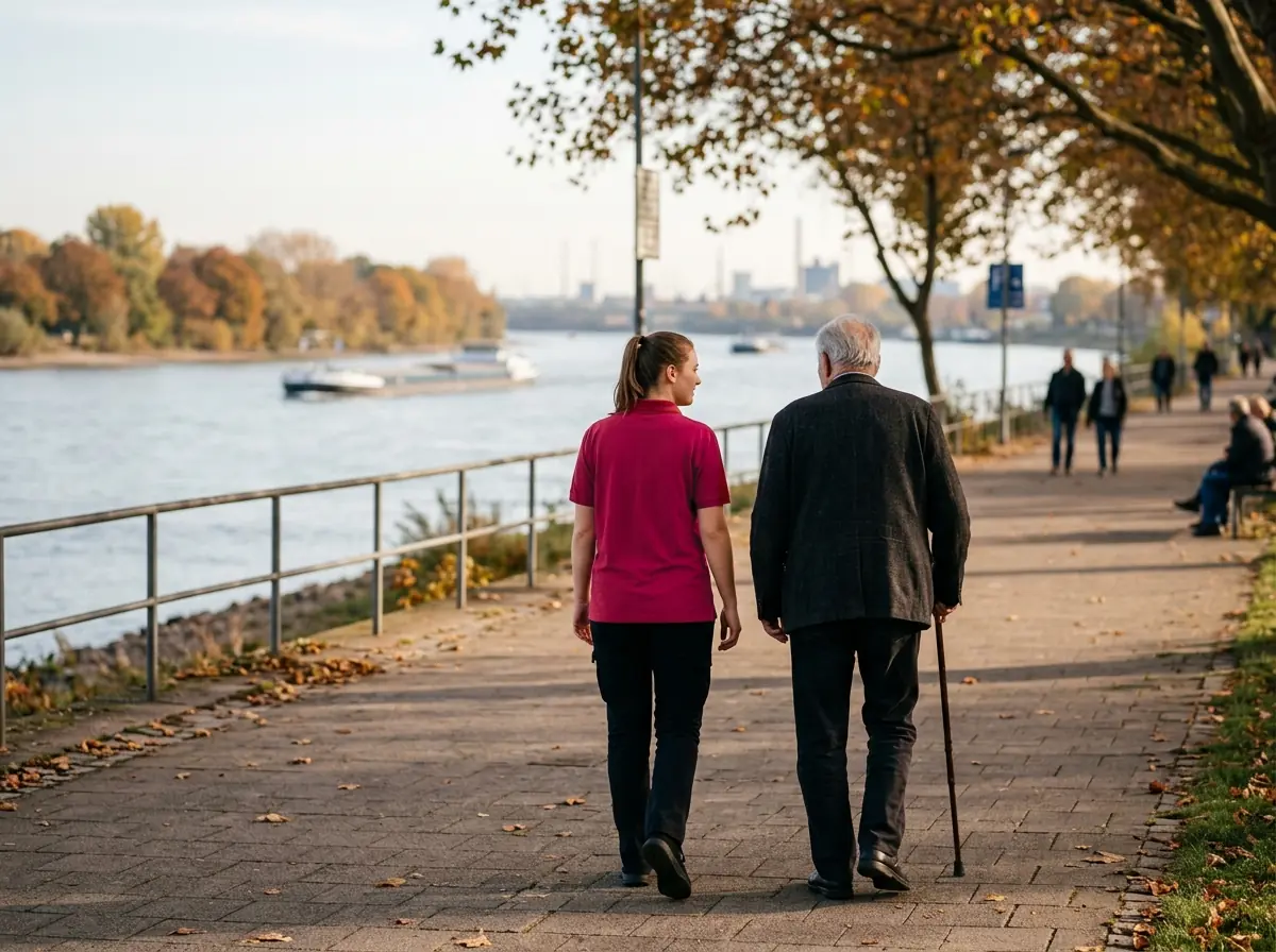 Spaziergang mit einem älteren Herrn am Rheinufer, von hinten fotografiert