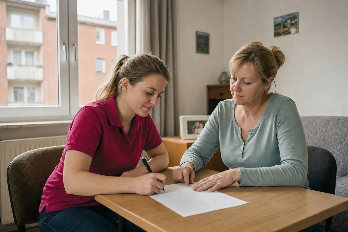 Eine Mitarbeiterin füllt mit der Tochter eines Pflegebedürftigen den Antrag für Pflegehilfsmittel aus