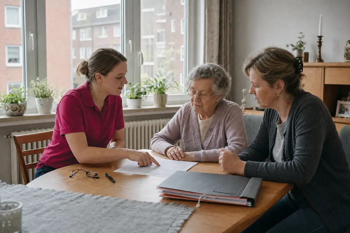 Eine Beraterin geht mit Mutter und Tochter am Wohnzimmertisch ein Formular der Pflegekasse durch