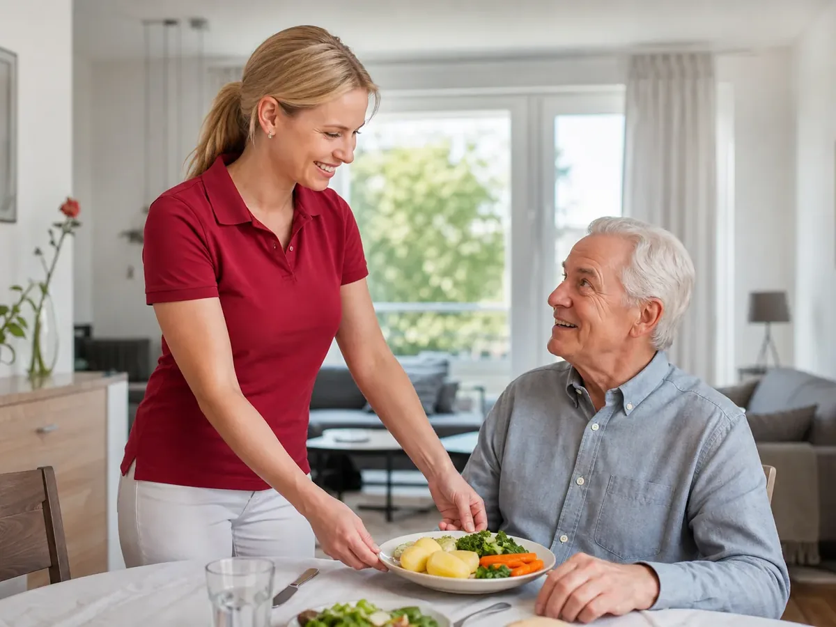Eine Betreuerin serviert einem älteren Herrn zu Hause das Mittagessen